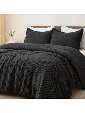 Ultra Soft Black Waffle Comforter Set - 3 Piece Queen Bedding for Cozy Sleep